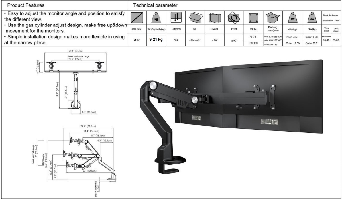 Dubbele monitorarm Crank verstelbaar met gasveer
