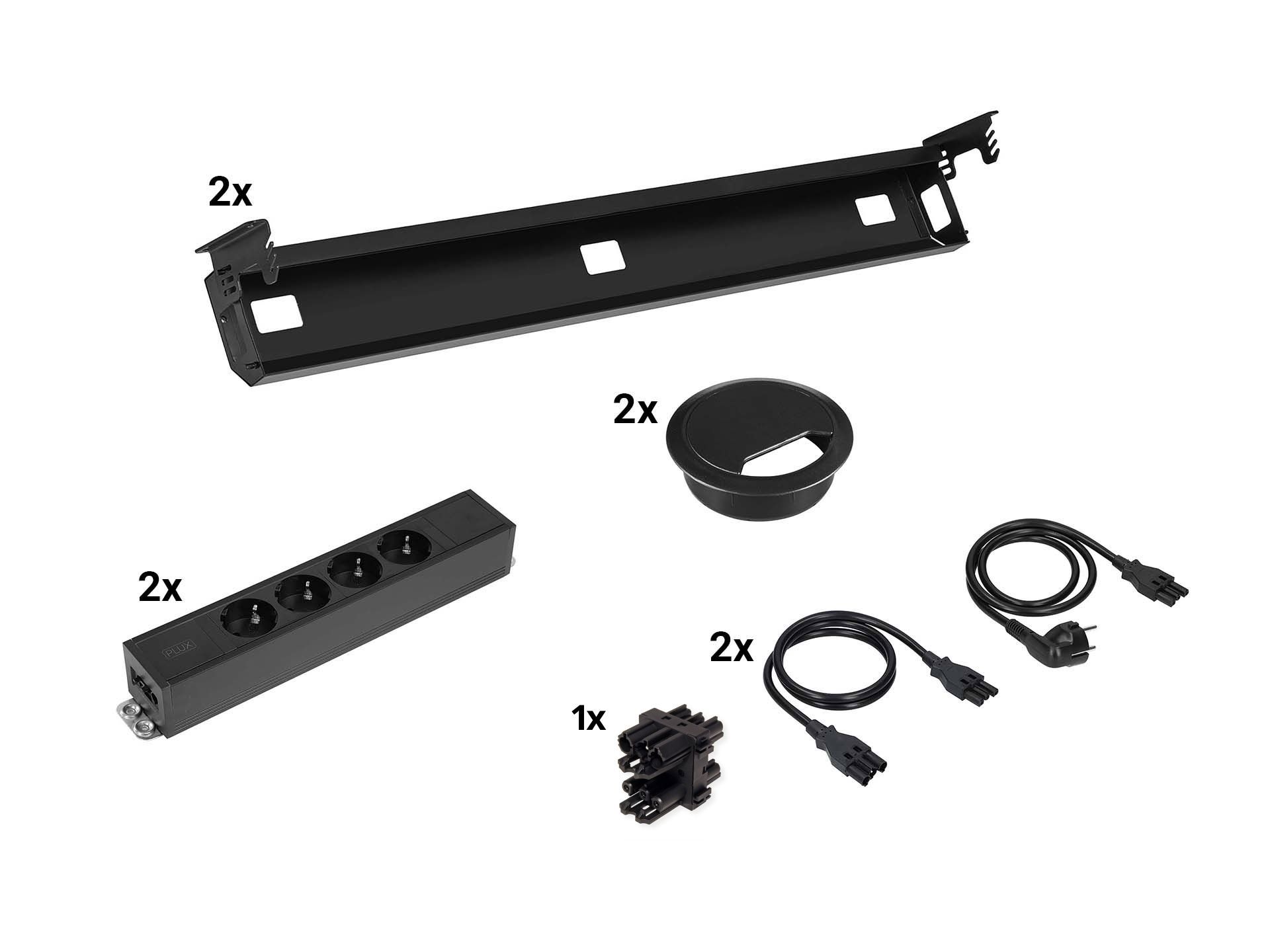 Kabelverwerkingset voor duo bureau met 2 kabelgoten, 2x 4 stopcontacten en 2 kabeldoorvoergaten