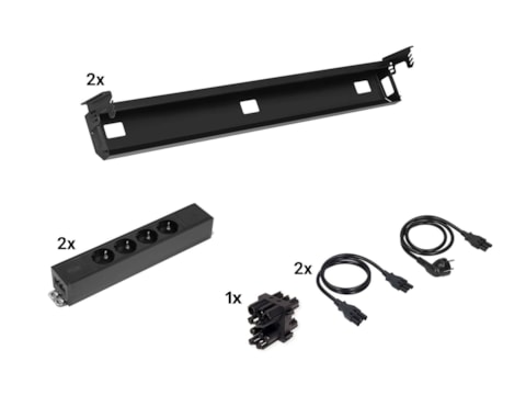 Kabelverwerkingset voor duo bureau met 2 kabelgoten en 2x 4 stopcontacten Kabelverwerkingset voor duo bureau met 2 kabelgoten en 2x 4 stopcontacten