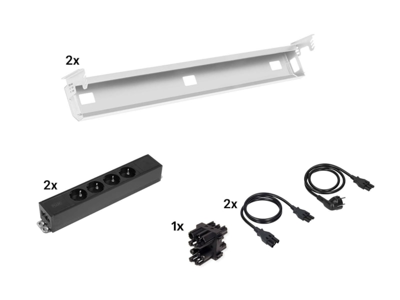Kabelverwerkingset voor duo bureau met 2 kabelgoten en 2x 4 stopcontacten Kabelverwerkingset voor duo bureau met 2 kabelgoten en 2x 4 stopcontacten
