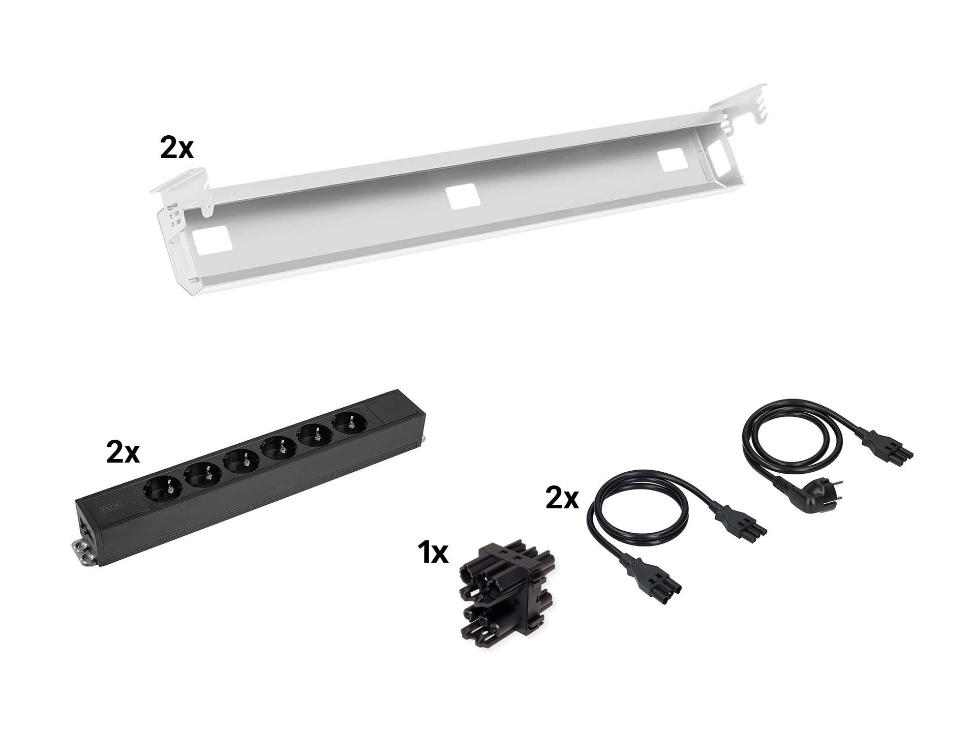 Kabelverwerkingset voor duo bureau met 2 kabelgoten en 2x 6 stopcontacten