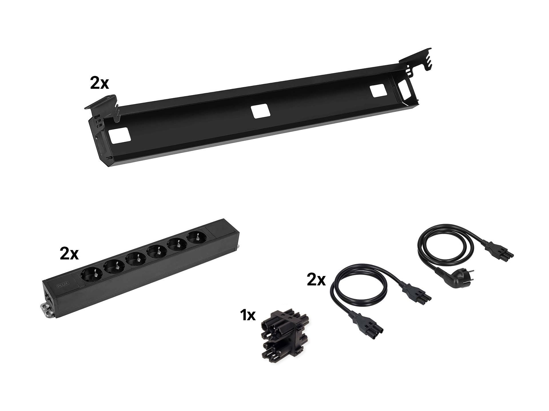 Kabelverwerkingset voor duo bureau met 2 kabelgoten en 2x 6 stopcontacten