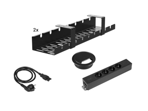Kabelverwerkingset voor rechthoekig bureau met kabelgoot, 4 stopcontacten en kabeldoorvoergat Kabelverwerkingset voor rechthoekig bureau met kabelgoot, 4 stopcontacten en kabeldoorvoergat