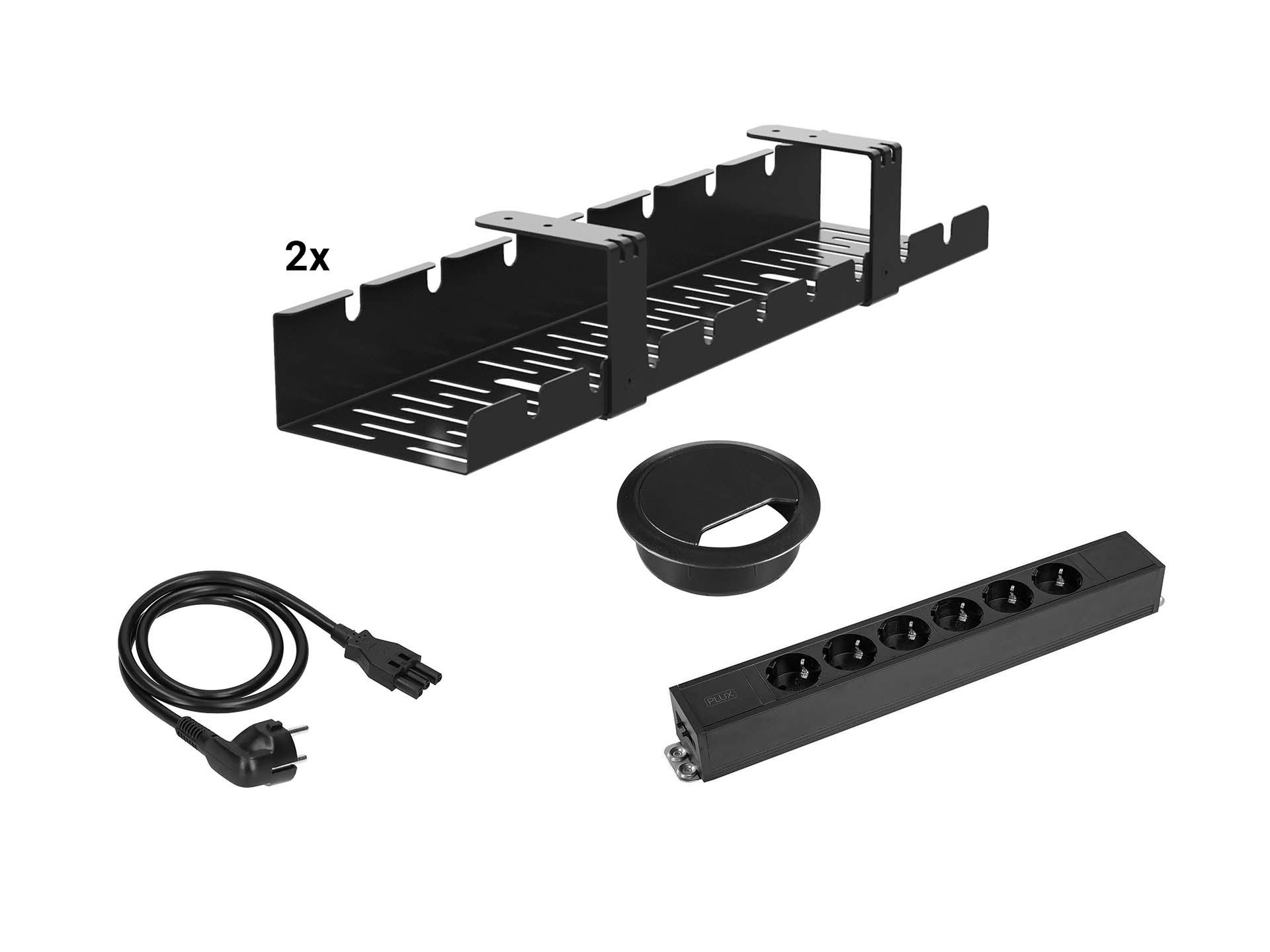 Kabelverwerkingset voor rechthoekig bureau met kabelgoot, 6 stopcontacten en kabeldoorvoergat