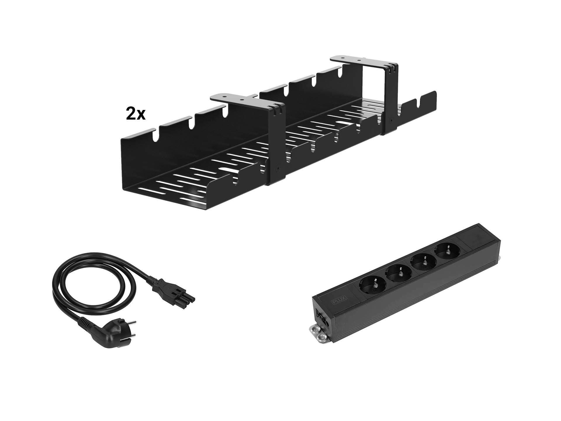 Kabelverwerkingset voor rechthoekig bureau met kabelgoot en 4 stopcontacten