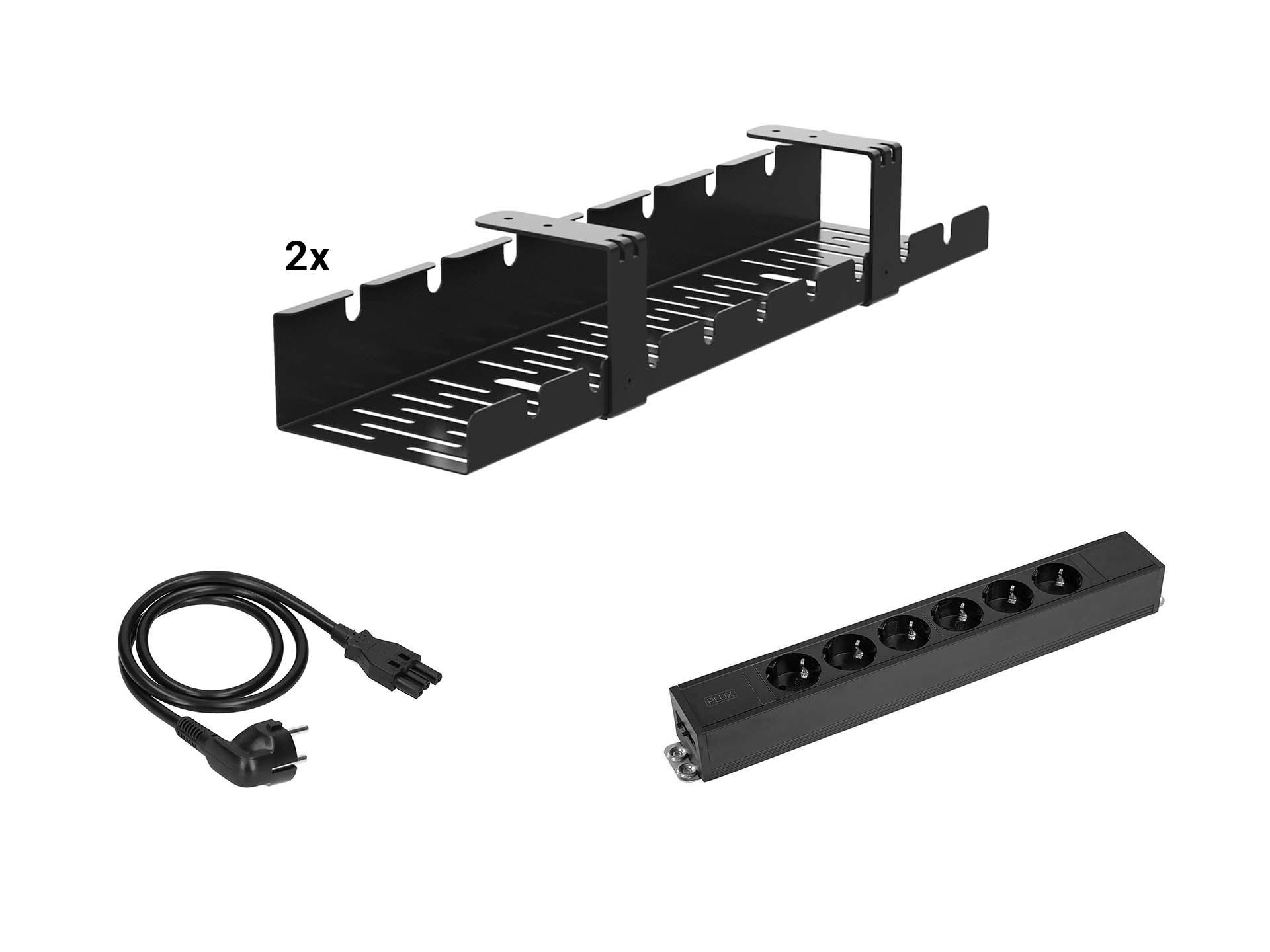 Kabelverwerkingset voor rechthoekig bureau met kabelgoot en 6 stopcontacten