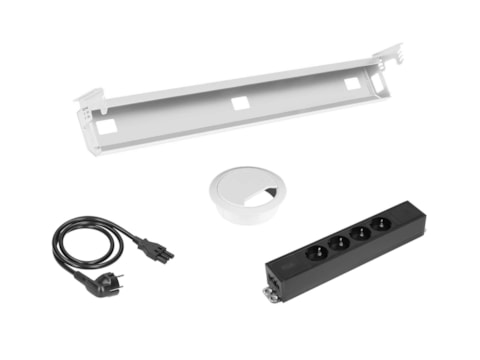Kabelverwerkingset voor zit-sta bureau met kabelgoot, 4 stopcontacten en kabeldoorvoergat Kabelverwerkingset voor zit-sta bureau met kabelgoot, 4 stopcontacten en kabeldoorvoergat