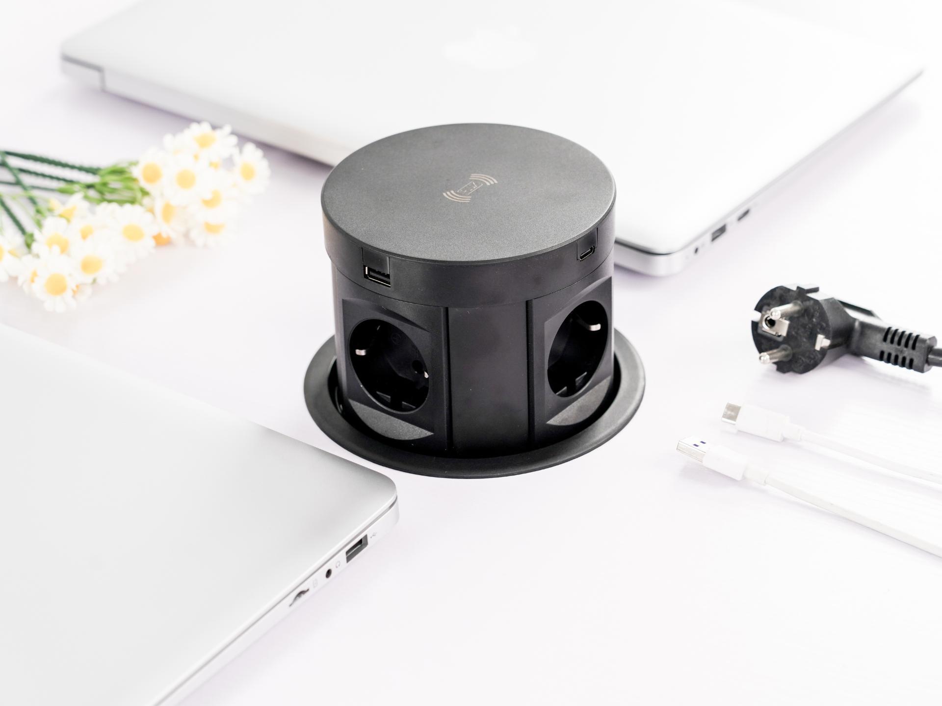 Pop-up inbouw stroompunt PLUX07 met draadloze oplader 4x 230v en 2x USB-A en C