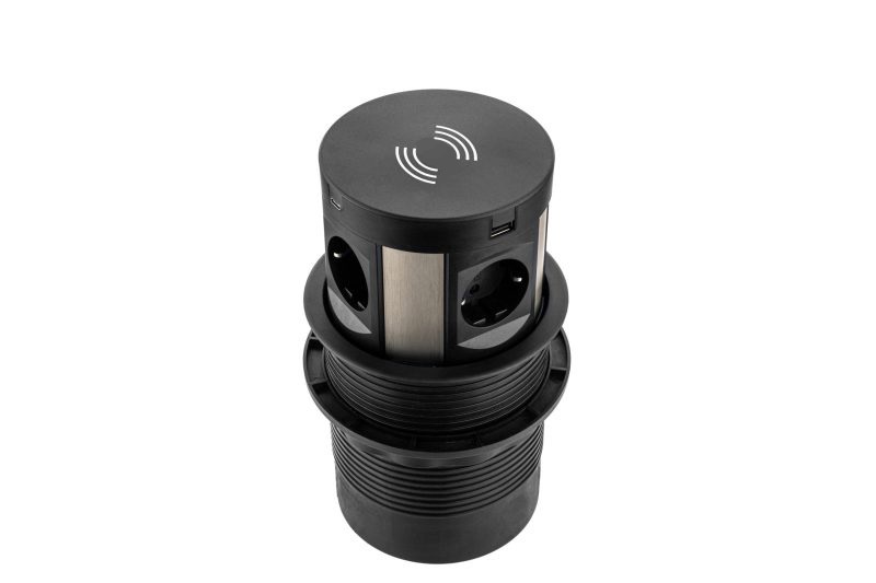 Pop-up inbouw stroompunt PLUX07 met draadloze oplader 4x 230v en 2x USB-A en C