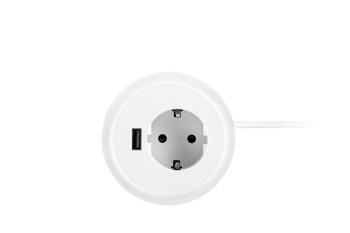 Inbouw stroompunt 60mm PLUX04 met 1x 230v en 1x USB-A aansluiting en aansluitsnoer
