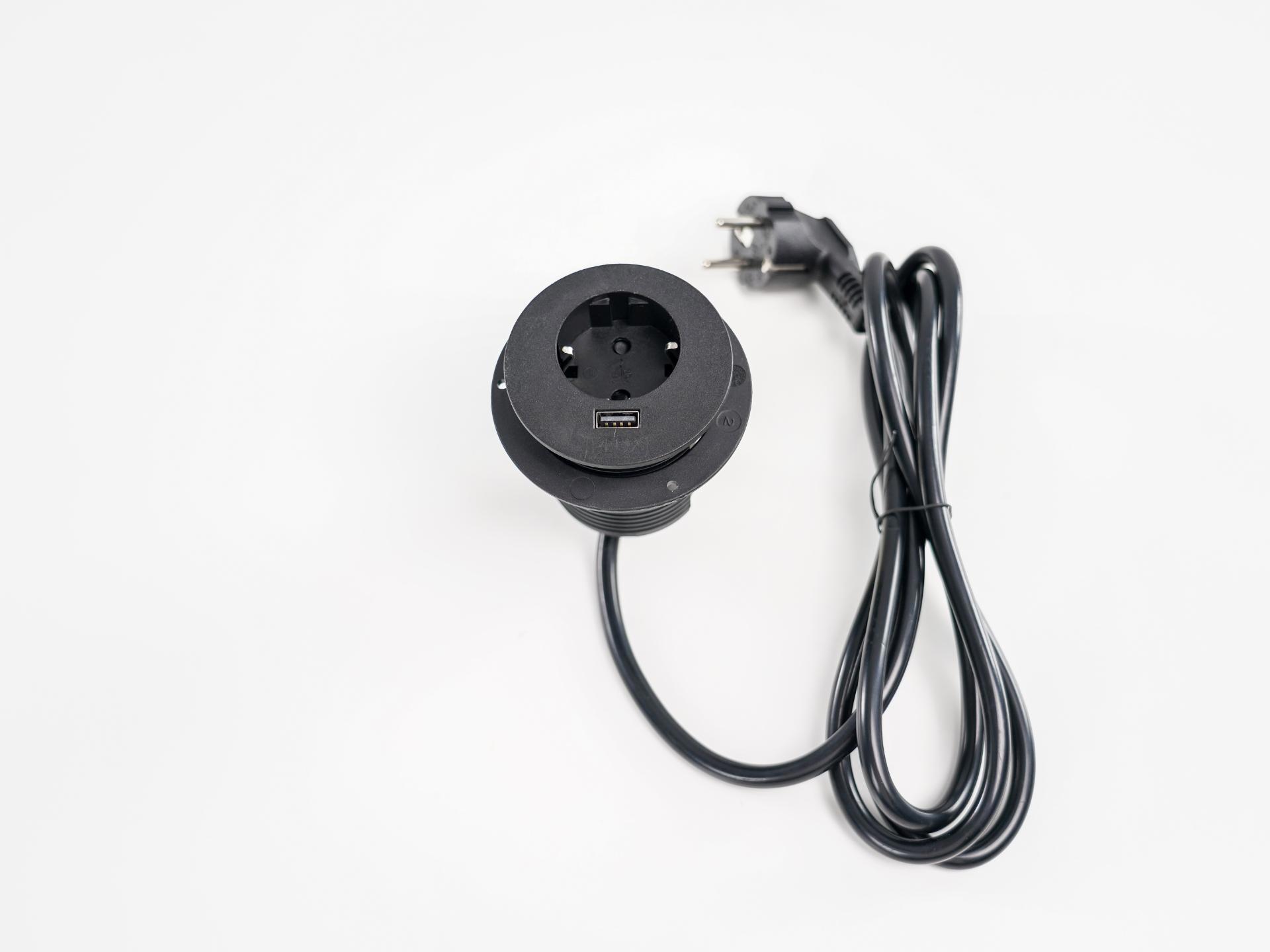 Inbouw stroompunt 60mm PLUX04 met 1x 230v en 1x USB-A aansluiting en aansluitsnoer