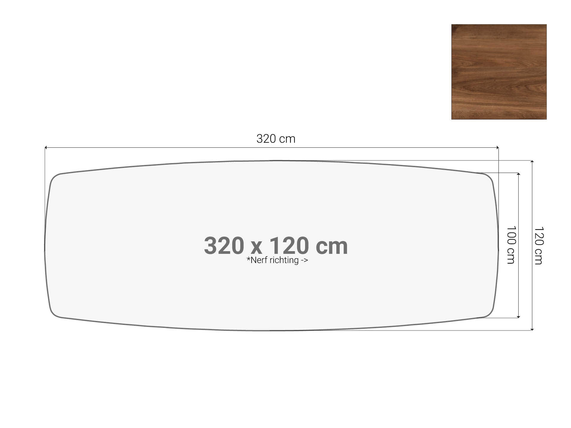 Vergadertafel blad bootvormig Cognac Walnoten 320x120 cm